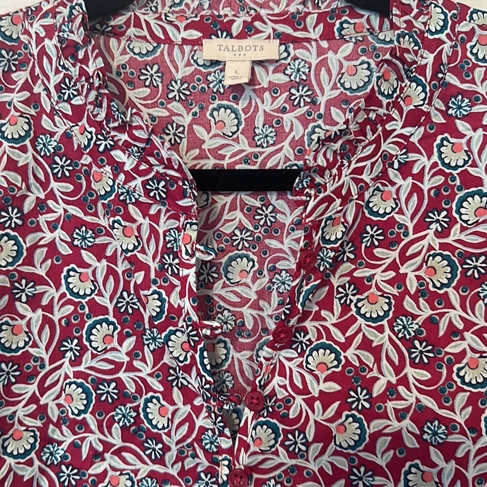 Talbots ruffle trim popover blouse pink blue floral large 100% cotton - Picture 3 of 5